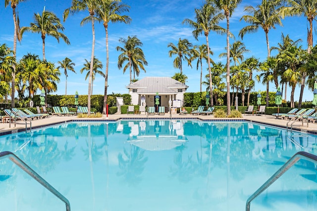 view of swimming pool featuring a patio