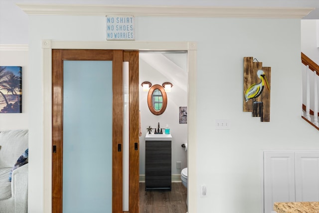 hallway featuring sink and dark wood-type flooring