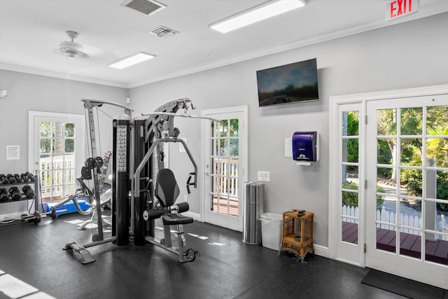 workout area with crown molding