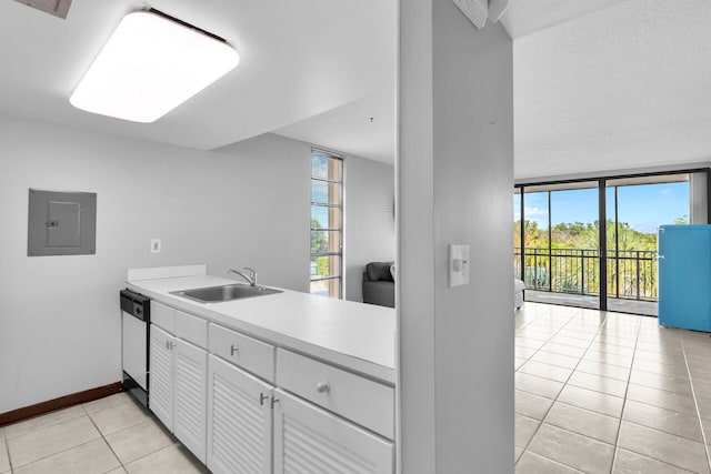 kitchen featuring white cabinetry, sink, dishwashing machine, electric panel, and floor to ceiling windows