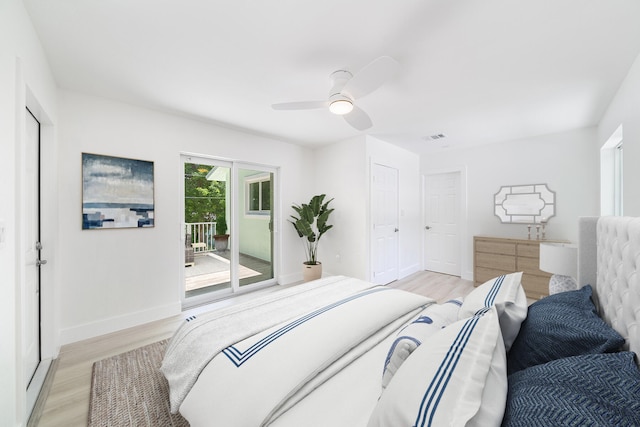 bedroom featuring access to exterior, visible vents, light wood-style floors, a ceiling fan, and baseboards