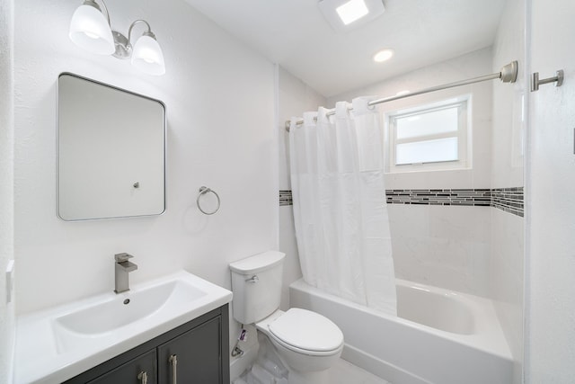 bathroom with toilet, shower / bathtub combination with curtain, and vanity