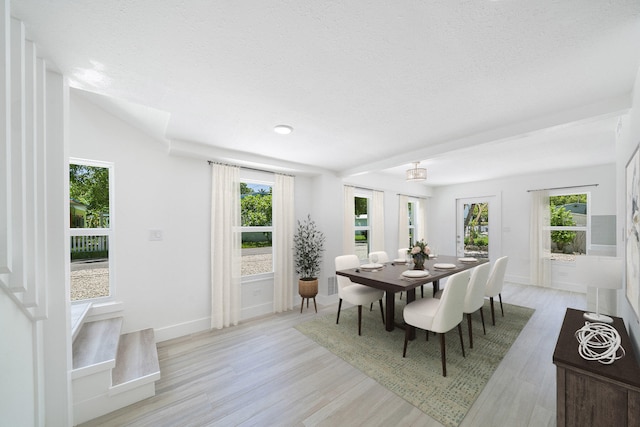 dining room with light wood-type flooring, plenty of natural light, and baseboards