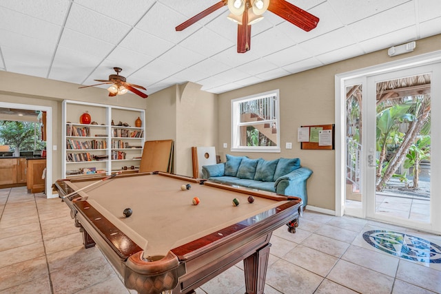 playroom featuring a drop ceiling, light tile patterned floors, billiards, and ceiling fan