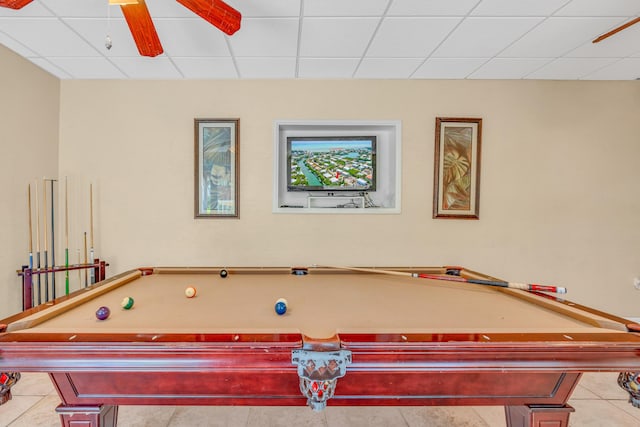 playroom featuring light tile patterned flooring, billiards, ceiling fan, and a paneled ceiling