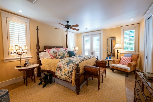 bedroom with light tile patterned floors, recessed lighting, a ceiling fan, visible vents, and baseboards