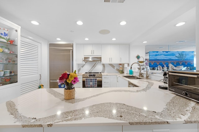 kitchen featuring white cabinets, a sink, stainless steel appliances, recessed lighting, and under cabinet range hood