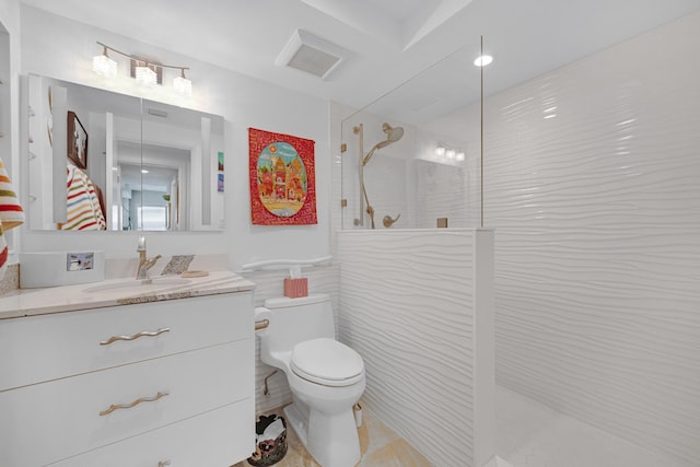 full bathroom with a walk in shower, vanity, toilet, tile walls, and visible vents