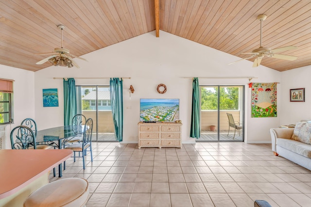 tiled living area with lofted ceiling with beams, a healthy amount of sunlight, and ceiling fan