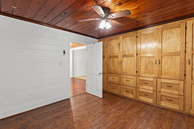 unfurnished bedroom with wood ceiling, ceiling fan, and dark hardwood / wood-style flooring