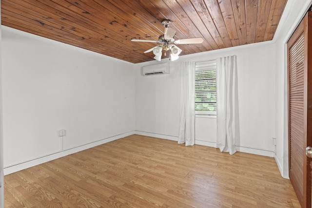 unfurnished bedroom featuring ceiling fan, a wall mounted air conditioner, wood ceiling, and light hardwood / wood-style floors