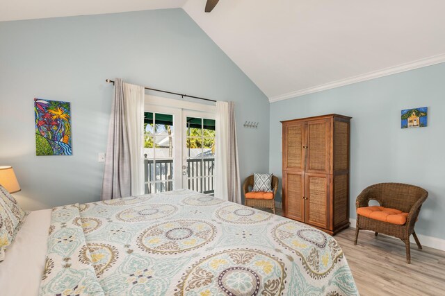 532 Porter Ln, Key West, FL 33040 - bedroom featuring access to exterior, light wood-style floors, high vaulted ceiling, ceiling fan, and ornamental molding