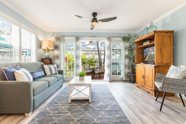 532 Porter Ln, Key West, FL 33040 - living area with healthy amount of natural light, a ceiling fan, ornamental molding, and light wood-style floors