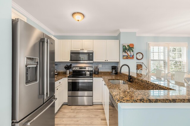 532 Porter Ln, Key West, FL 33040 - kitchen with appliances with stainless steel finishes, a sink, a peninsula, crown molding, and light wood-style flooring