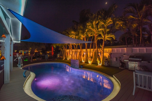 3034 Riviera Dr, Key West, FL 33040 - pool at twilight with an outdoor pool, grilling area, fence, and a deck