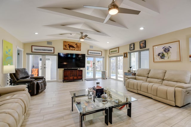 3034 Riviera Dr, Key West, FL 33040 - living room with ceiling fan, visible vents, recessed lighting, vaulted ceiling with beams, and wood tiled floor