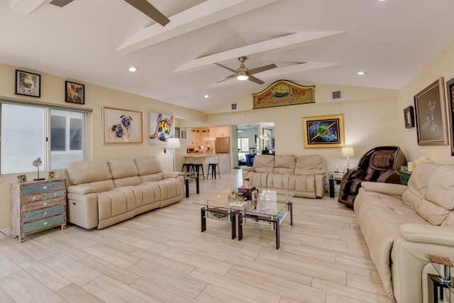 3034 Riviera Dr, Key West, FL 33040 - living room with ceiling fan, vaulted ceiling with beams, visible vents, and recessed lighting