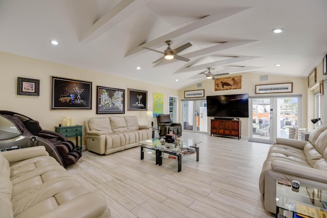 3034 Riviera Dr, Key West, FL 33040 - living area featuring light wood-type flooring, ceiling fan, vaulted ceiling with beams, and recessed lighting