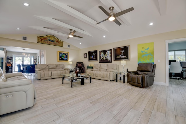 3034 Riviera Dr, Key West, FL 33040 - living room with light wood-style floors, ceiling fan with notable chandelier, vaulted ceiling with beams, and plenty of natural light