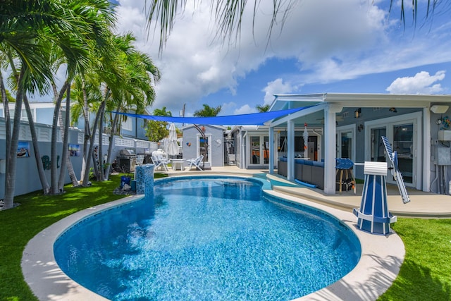 3034 Riviera Dr, Key West, FL 33040 - pool featuring a patio area, french doors, a fenced backyard, and a yard
