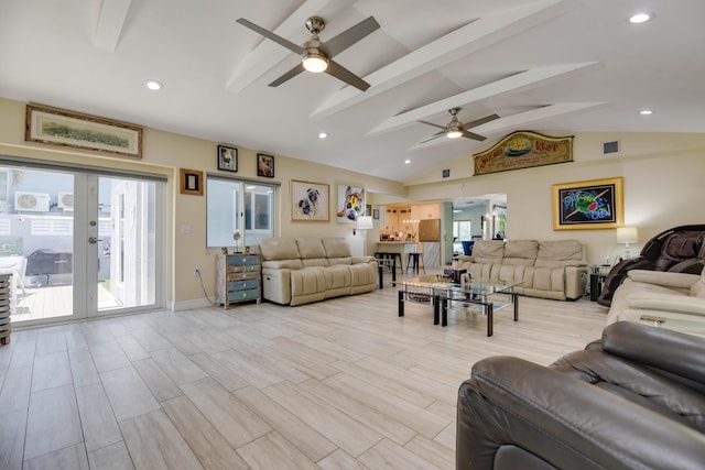 3034 Riviera Dr, Key West, FL 33040 - living area with light wood finished floors, ceiling fan, vaulted ceiling with beams, and a healthy amount of sunlight