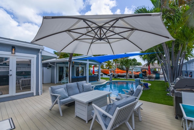 3034 Riviera Dr, Key West, FL 33040 - wooden terrace featuring an outdoor living space, an outdoor pool, french doors, and area for grilling
