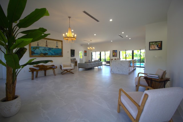 living room with a chandelier