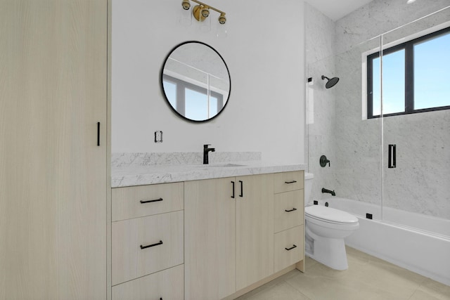 full bathroom with vanity, tile patterned floors, shower / bath combination with glass door, and toilet