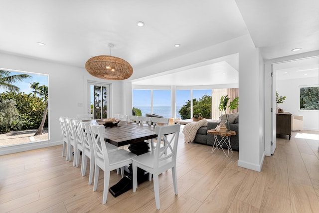 dining room featuring a water view, plenty of natural light, and light hardwood / wood-style floors