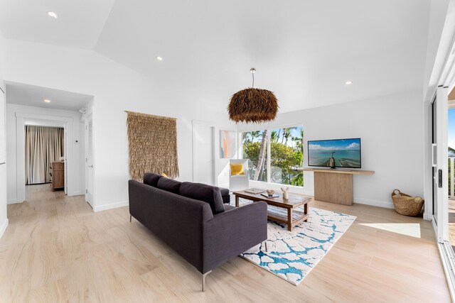 living room featuring vaulted ceiling and light hardwood / wood-style flooring