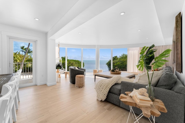 living room with light hardwood / wood-style floors and a water view