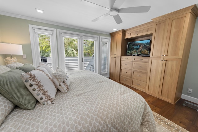 bedroom with baseboards, dark wood finished floors, ceiling fan, access to outside, and crown molding