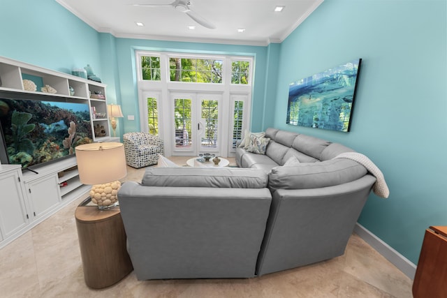 living area with a ceiling fan, french doors, crown molding, and baseboards