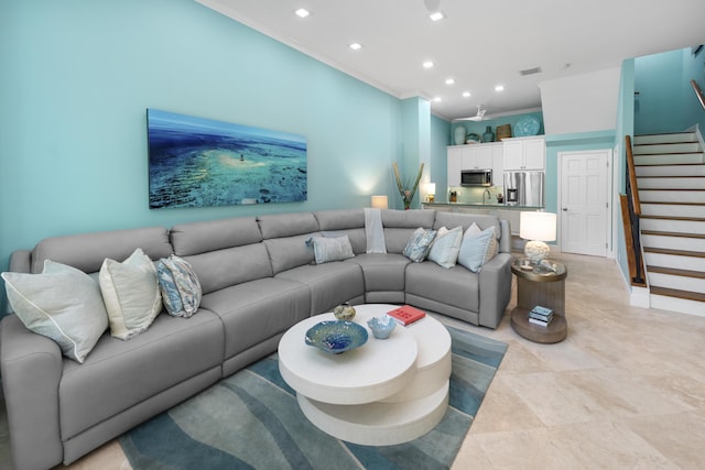 living room featuring stairs, ornamental molding, visible vents, and recessed lighting