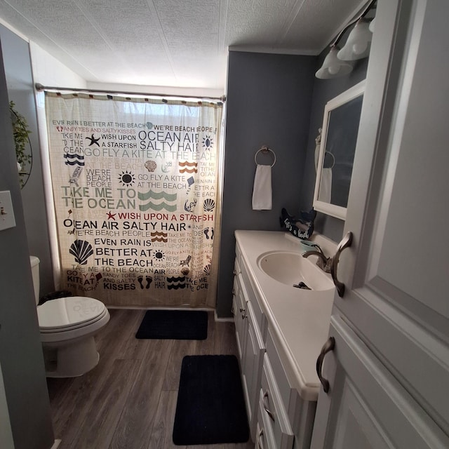 bathroom featuring hardwood / wood-style flooring, vanity, a textured ceiling, and toilet