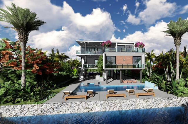 16 S Exuma Rd, Key Largo, FL 33037 - rear view of house featuring a balcony, outdoor lounge area, a patio, and an outdoor pool