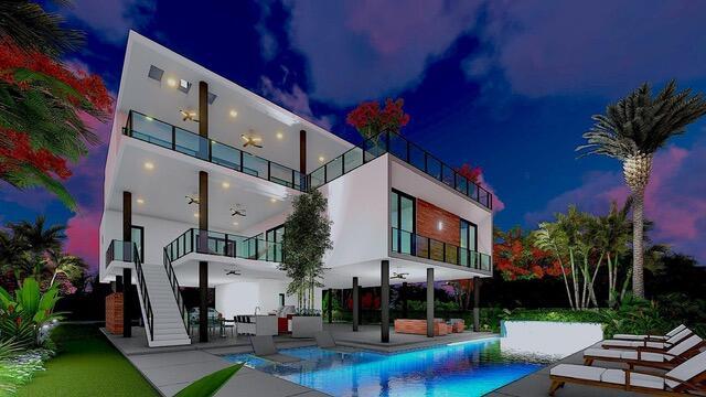 16 S Exuma Rd, Key Largo, FL 33037 - back of house at twilight with a patio, a balcony, an outdoor pool, and stairs