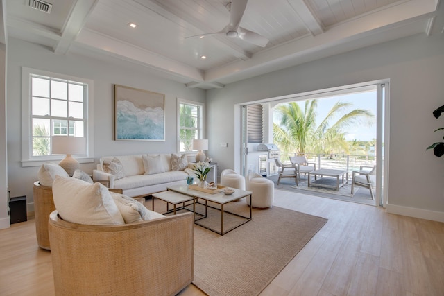 living room with coffered ceiling, beam ceiling, ceiling fan, and light wood-type flooring