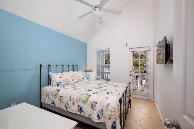 bedroom with light tile patterned floors, high vaulted ceiling, ceiling fan, and access to exterior