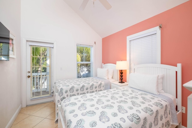 tiled bedroom with multiple windows, access to exterior, high vaulted ceiling, and ceiling fan