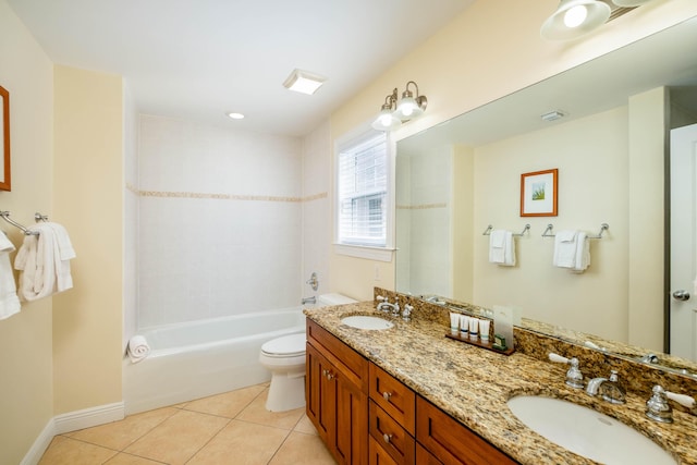 full bathroom featuring tile patterned flooring, vanity, tiled shower / bath combo, and toilet