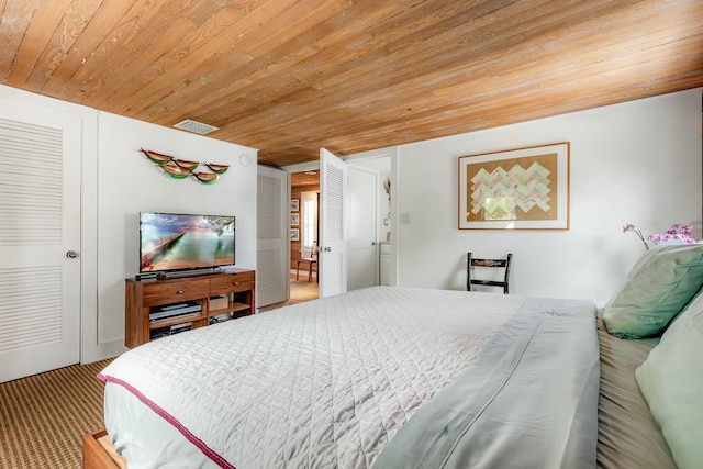 bedroom with wood ceiling and visible vents