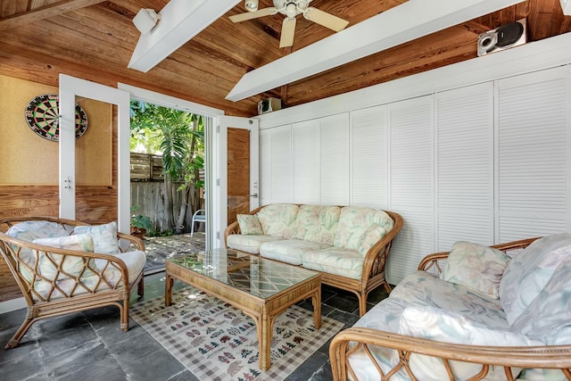 sunroom with wood ceiling, ceiling fan, and lofted ceiling with beams