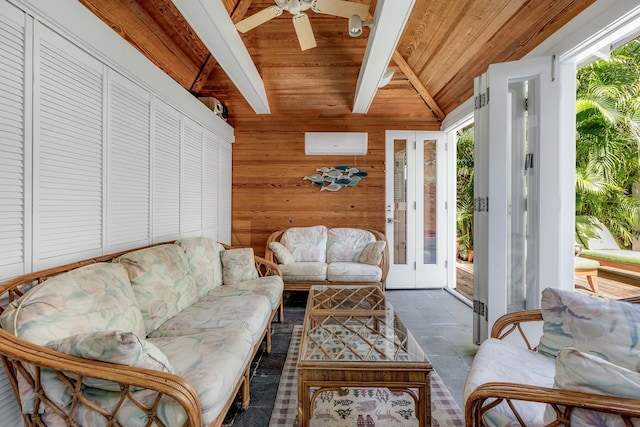 living area with wooden walls, a ceiling fan, wooden ceiling, a wall mounted air conditioner, and vaulted ceiling with beams