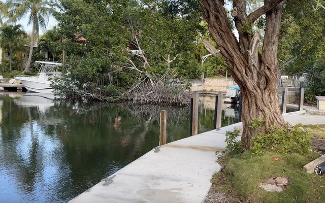 exterior space with a water view and a boat dock