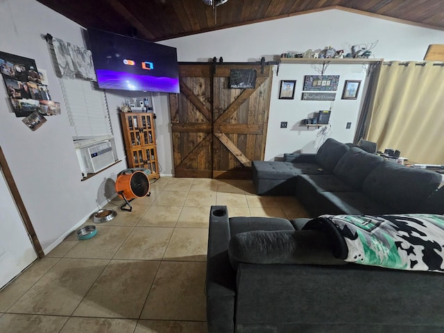 tiled living room featuring vaulted ceiling, wooden ceiling, and a barn door