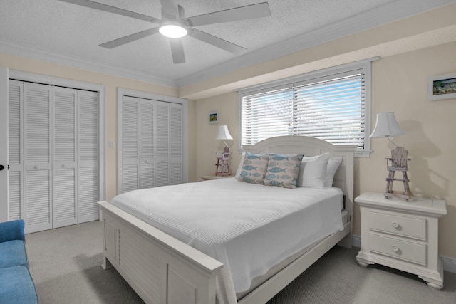 carpeted bedroom with multiple closets, ceiling fan, crown molding, and a textured ceiling