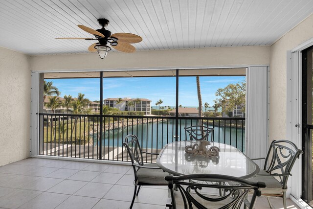 sunroom featuring a water view, ceiling fan, and wooden ceiling