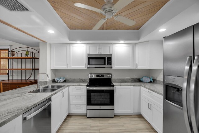 kitchen with white cabinetry, sink, a raised ceiling, and appliances with stainless steel finishes