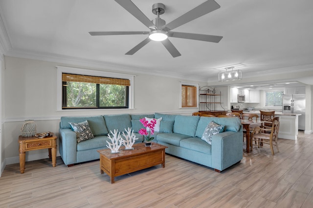 living room with crown molding, light hardwood / wood-style flooring, and a healthy amount of sunlight